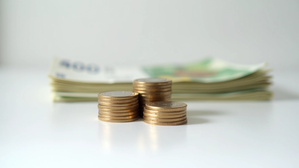 Nahaufnahme von Euro-Münzen und Banknoten auf einem Tisch, ordentlich gestapelt und angeordnet