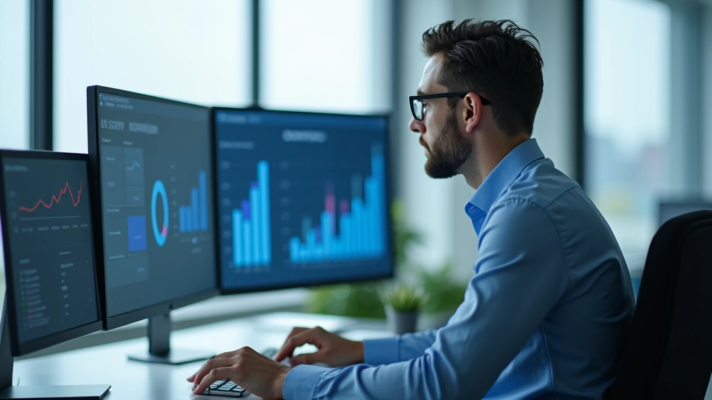Arbeitsmarktanalyst vor mehreren Monitoren mit Datenvisualisierungen und Statistikgrafiken