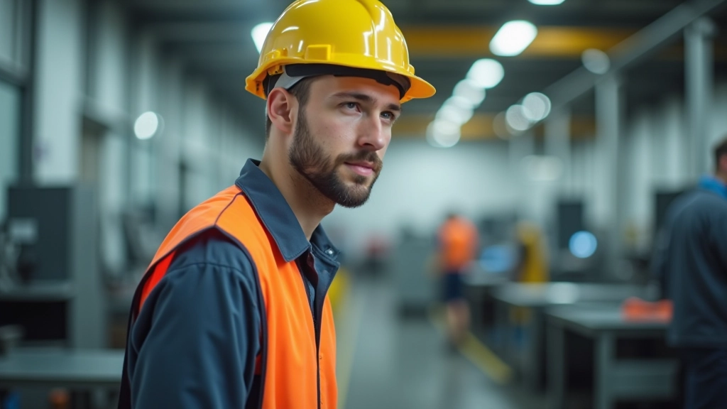 Arbeiter an einer Produktionslinie, moderne Fabrik mit sauberer Umgebung und Sicherheitsausrüstung