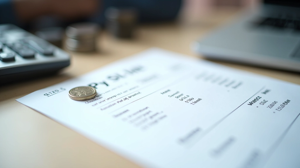 Gehaltsabrechnung und Münzen auf einem Schreibtisch, Symbol für Mindestlohn und Gehalt