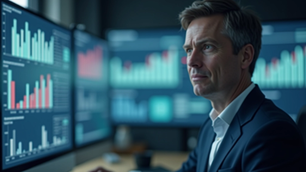Person mit Tablet zeigt Analyseergebnisse auf einem großen Monitor, umgeben von Diagrammen und Statistiken